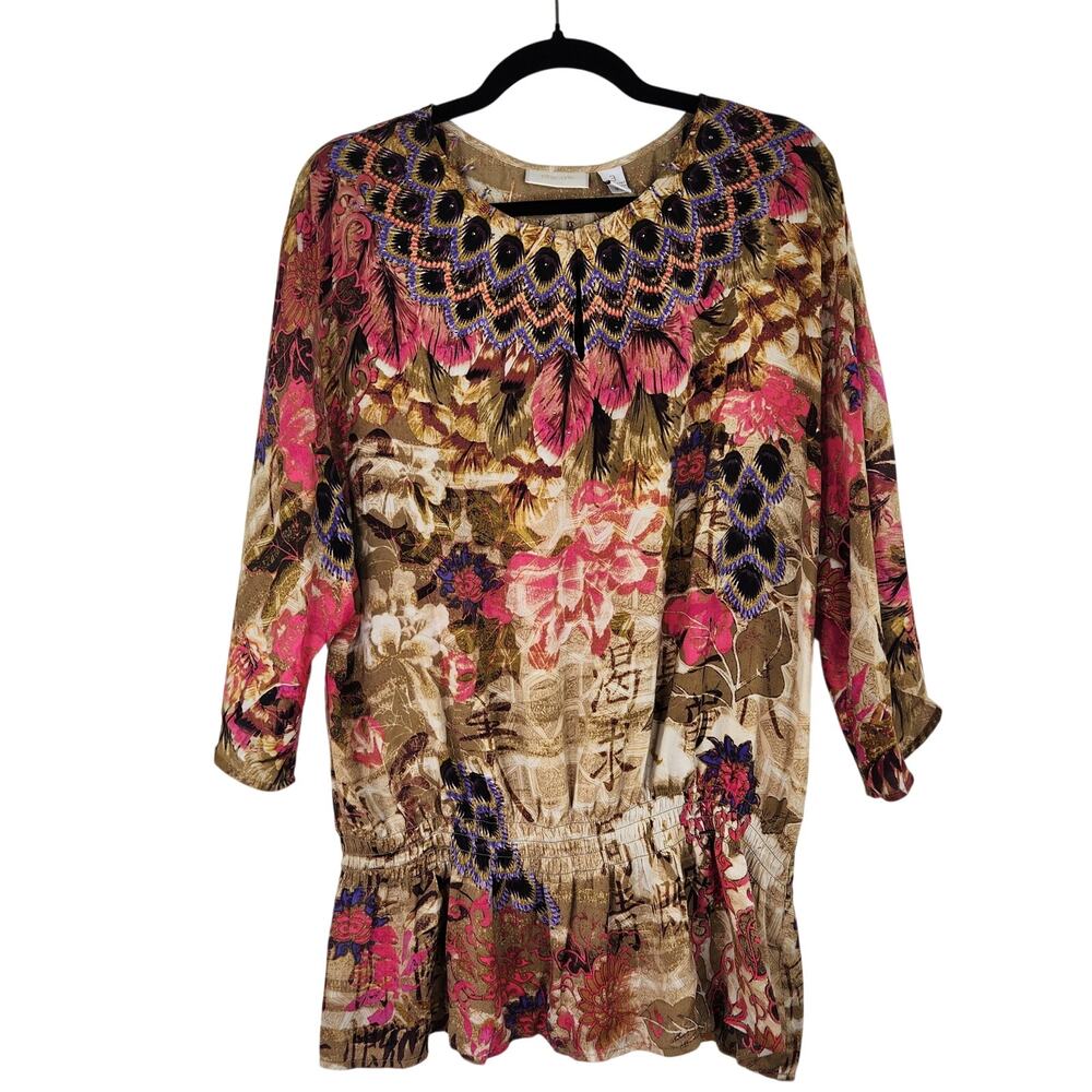 Chico's Silky Brown Floral Feather Print V-neck Blouse Women's 3 Boho Career